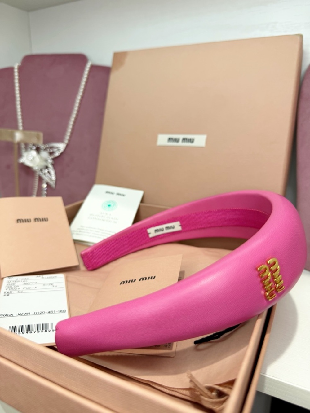 Miu Miu Hot Pink Padded Leather Headband with Gold Logo